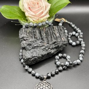 Schneeflockenobsidian Kette lang mit Blume des Lebens Anhänger