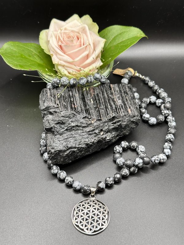 Schneeflockenobsidian Kette lang mit Blume des Lebens Anhänger