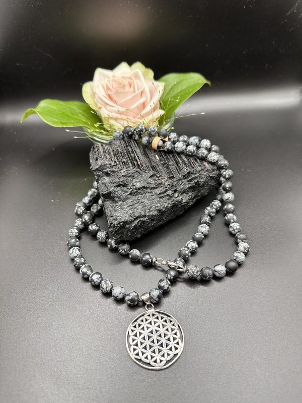 Schneeflockenobsidian Kette lang mit Blume des Lebens Anhänger – Bild 4