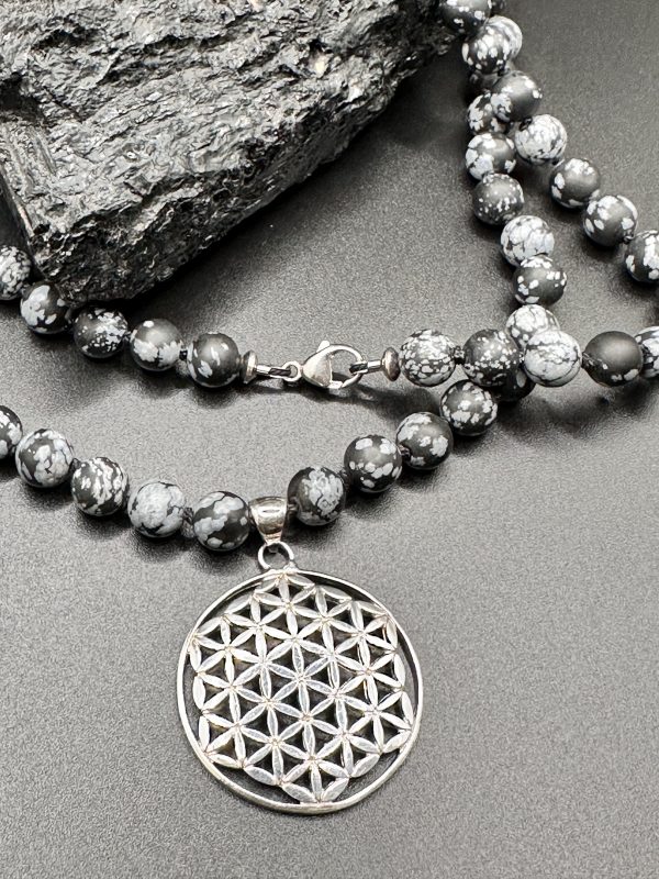Schneeflockenobsidian Kette lang mit Blume des Lebens Anhänger – Bild 2