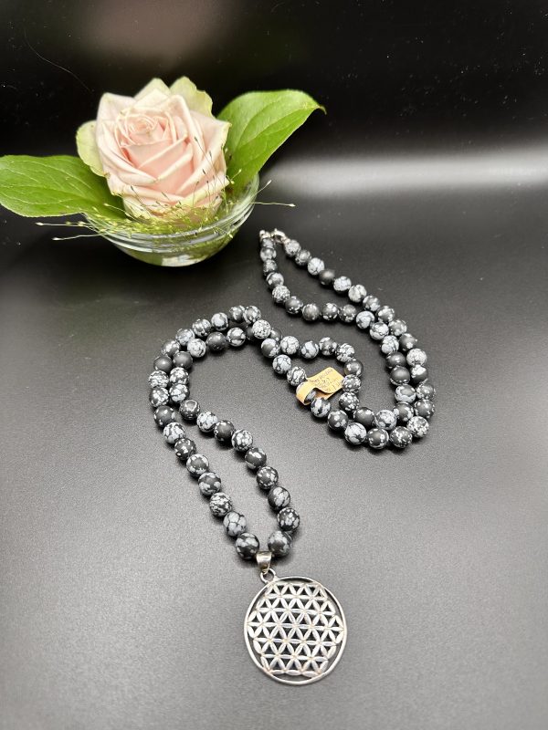 Schneeflockenobsidian Kette lang mit Blume des Lebens Anhänger – Bild 3